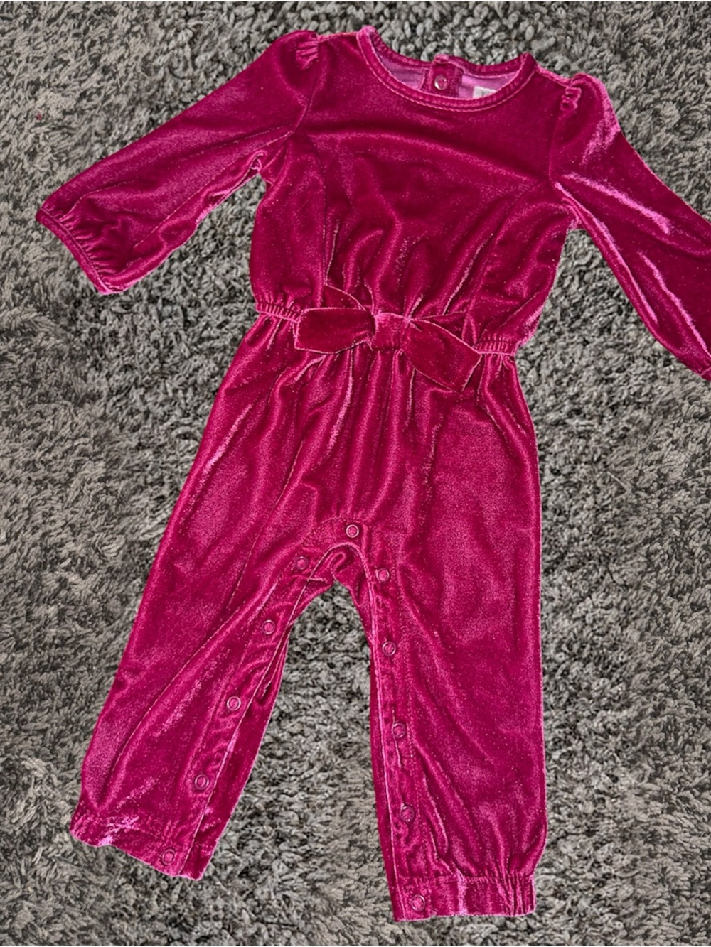 Girls Fuchsia Velvet Jumpsuit with Bow